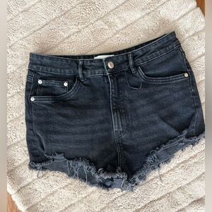 Zara Denim Shorts Black Jean Cutoffs Frey Hem Distressed High Waist SZ: 8